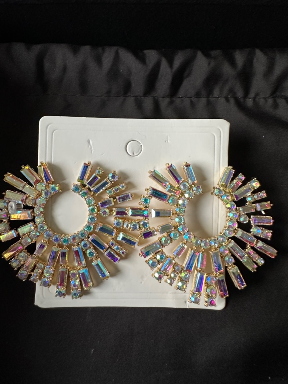 Aurora Crystal Sunburst Hoop Earrings Gold Tone Iridescent Stones LARGE PIERCED